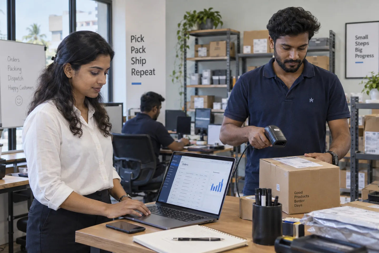 Kerala ecommerce team checking orders and packing parcels in a modern fulfilment workspace.