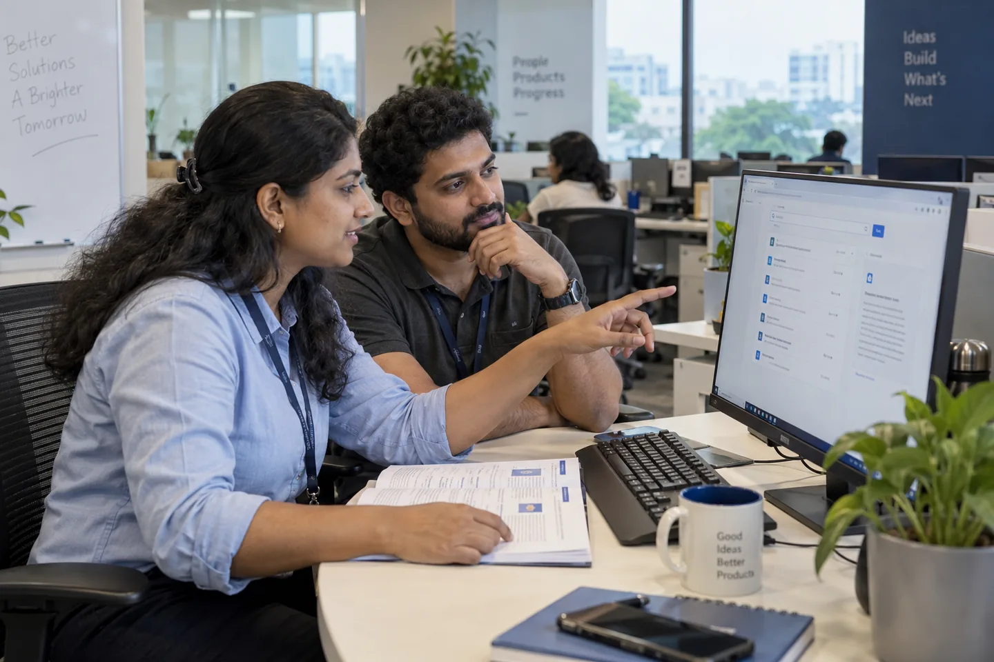 Two Kerala colleagues finding information together at a shared workstation.