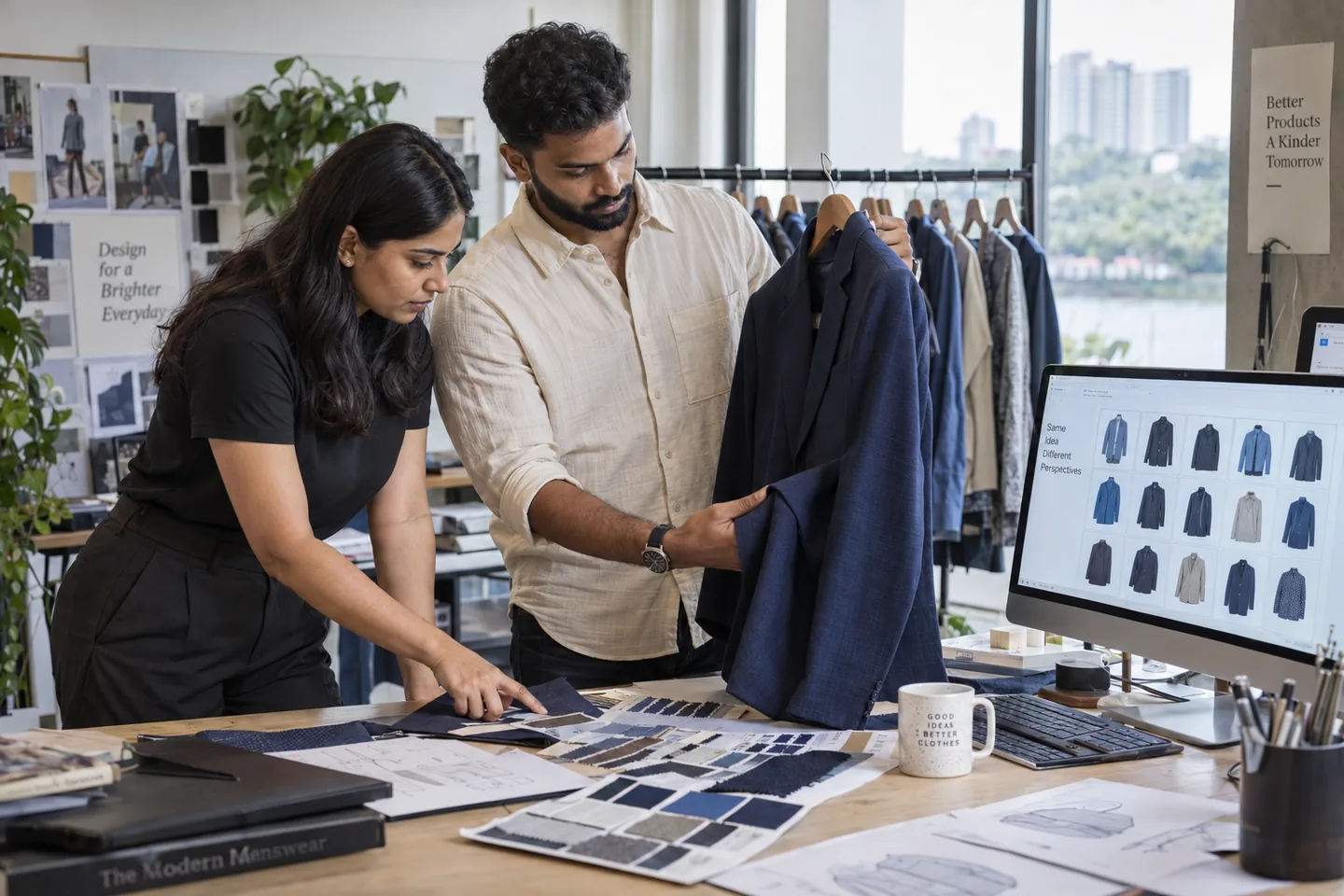 Kerala fashion team reviewing garment samples and digital design variations in a studio.