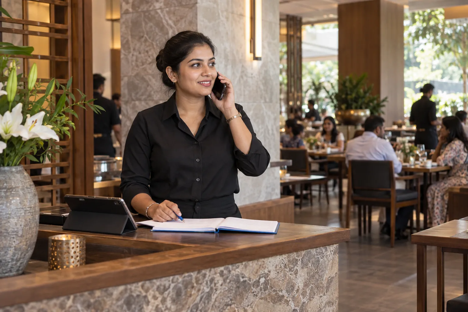 Illustrative AI-generated scene of an Indian restaurant manager taking a reservation