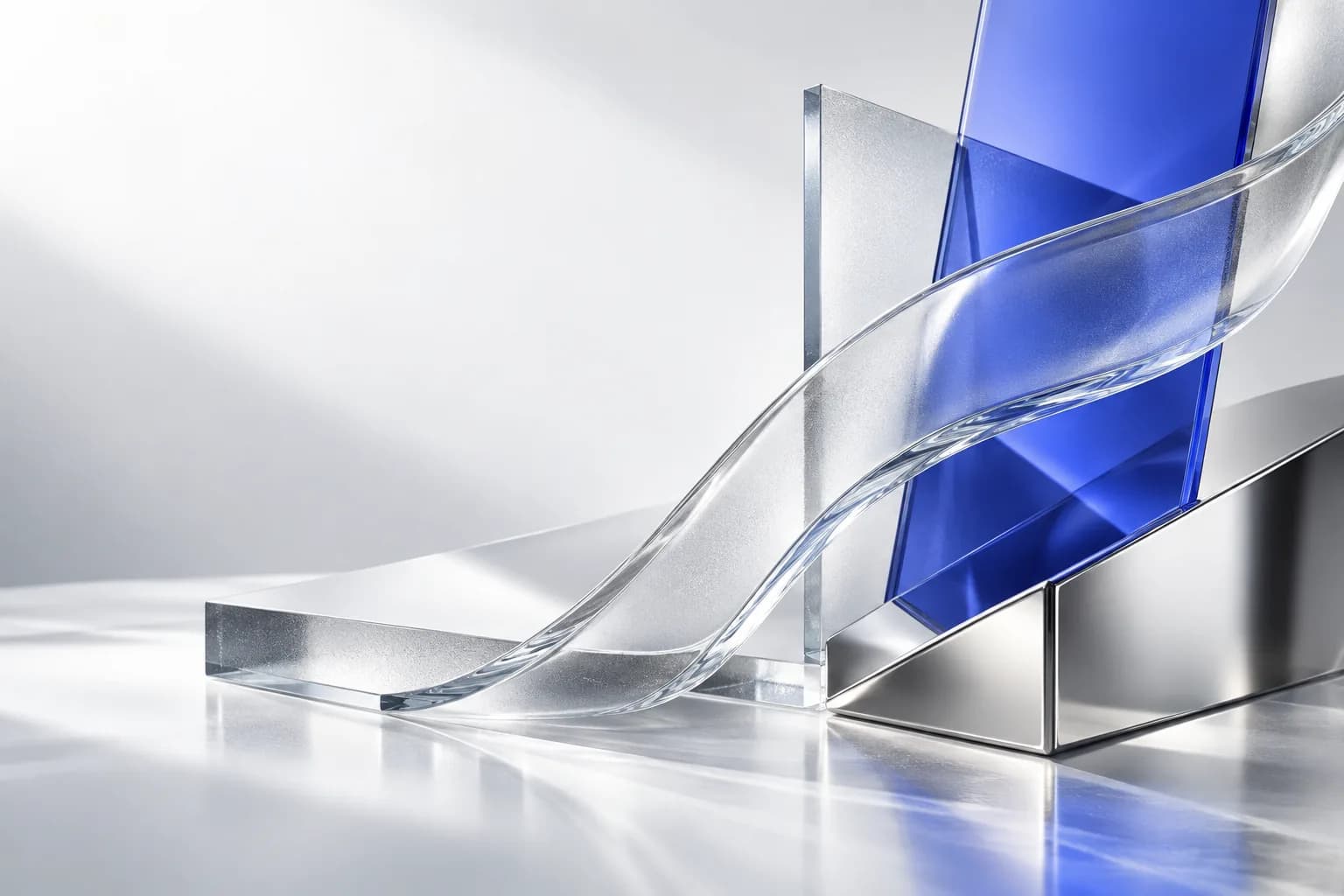 Clear optical glass and ultramarine architectural forms on a light surface