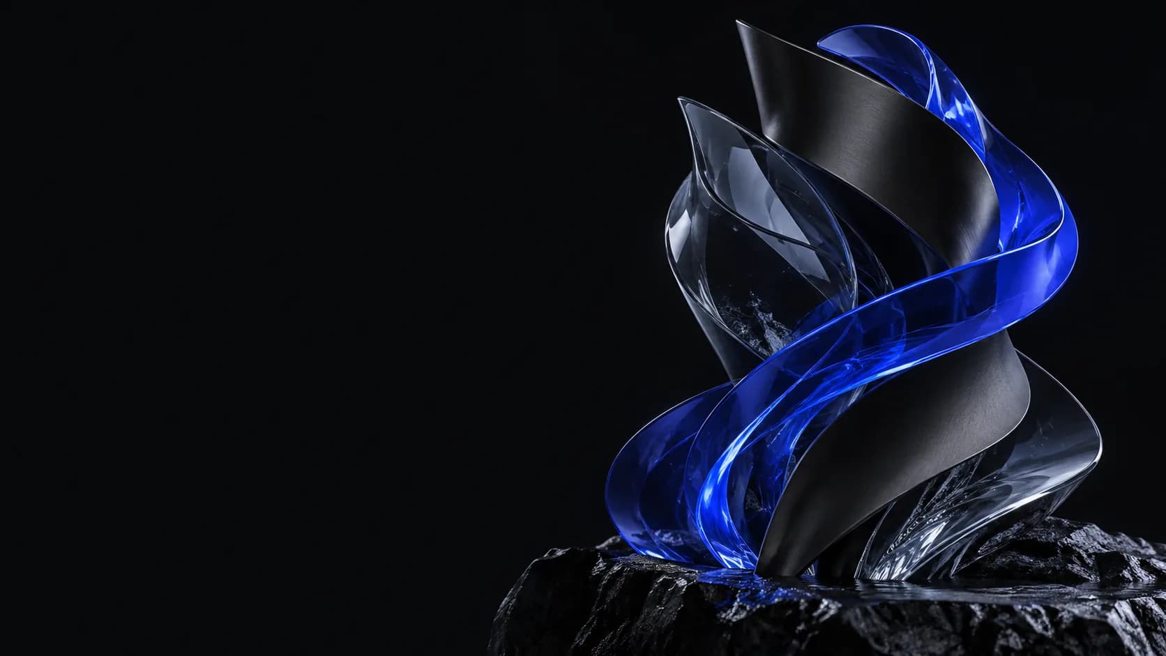 Ultramarine glass ribbon surrounding sculptural black titanium — DEQX AI