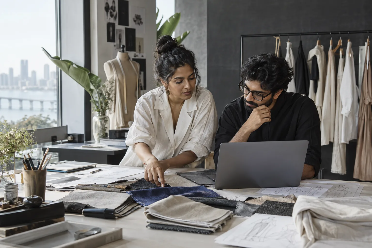 Illustrative AI-generated scene of Indian fashion professionals reviewing fabrics and digital production